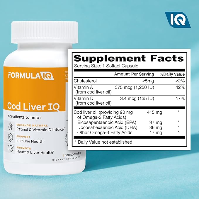 Formula IQ - Cod Liver IQ - Cod Liver Oil Softgels - Natural Source of Vitamins A & D and Omega-3 Fatty Acids - Heart, Liver & Immune Health - 100 Softgels