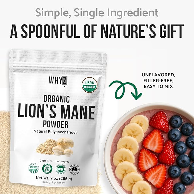 Organic Lion’s Mane Mushroom Powder Fruiting Body Superfood Freeze-Dried Unflavored Natural Polysaccharides for Smoothies Coffee Supports Brain Focus Energy Vegan Gluten-Free Non-GMO, 9 oz (255g)