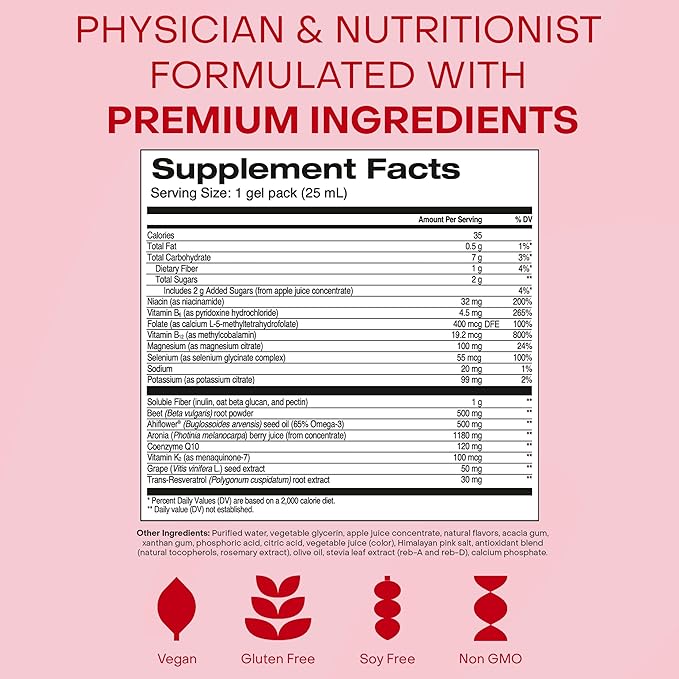 Healthycell Heart & Vascular Health Daily Liquid Supplement - Cardiovascular Support with Beet Root Powder, Resveratrol, CoQ10, Omega-3 & Vitamin K - 30 Gel Packs