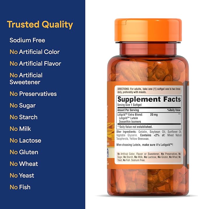 Puritan's Pride Premium Healthy Eyes Lutigold™ Extra Lutein with Meso-Zeaxanthin and Zeaxanthin for Men and Women, Vision Health Support, 2 Month Supply, 60 Easy-to-Swallow Rapid Release Softgels