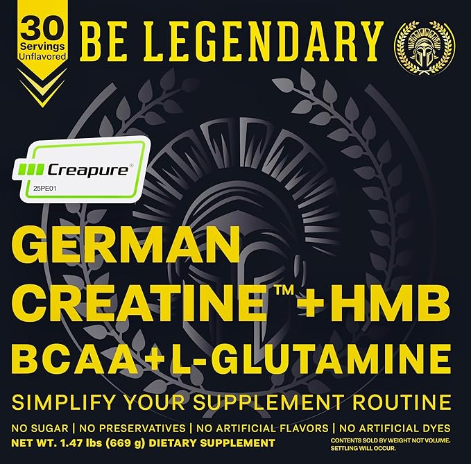 Creapure® German Creatine + HMB | Build Strength | Gain Lean Muscle | Recover Faster | Crush Plateaus | 5G Creapure® Creatine Monohydrate | 3G HMB | 8G BCAA | 5G L-Glutamine | 30 Servings | Unflavored