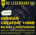 Creapure® German Creatine + HMB | Build Strength | Gain Lean Muscle | Recover Faster | Crush Plateaus | 5G Creapure® Creatine Monohydrate | 3G HMB | 8G BCAA | 5G L-Glutamine | 30 Servings | Unflavored