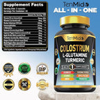 Colostrum Supplement - 10in1 Formula - Combine with L- Glutamine, Turmeric, Cayenne Pepper, Apple Pectin, Probiotics, Ginger, and More - Digestive Health, Immune Support - 120 Capsules