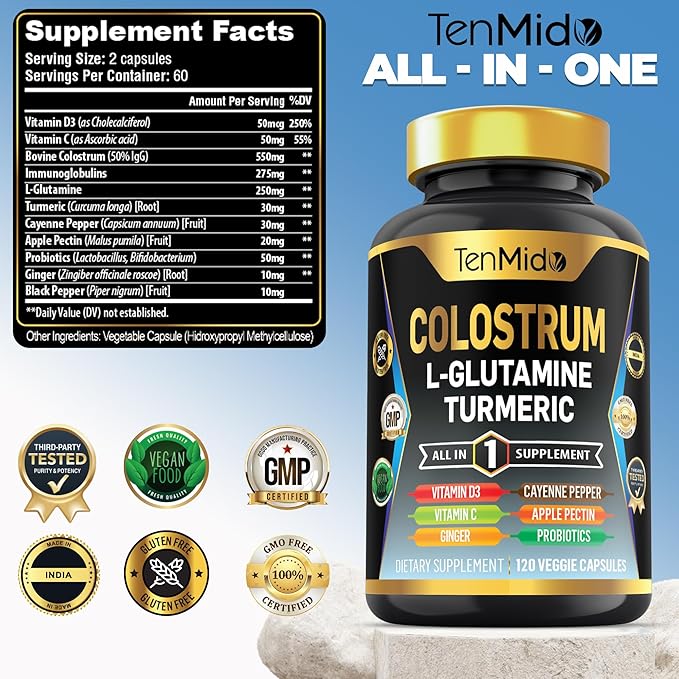 Colostrum Supplement - 10in1 Formula - Combine with L- Glutamine, Turmeric, Cayenne Pepper, Apple Pectin, Probiotics, Ginger, and More - Digestive Health, Immune Support - 120 Capsules
