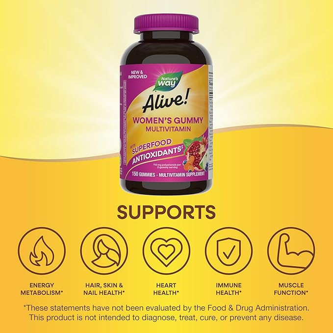 Nature's Way Alive! Women's Daily Gummy Multivitamins,16 Vitamins & Minerals,Energy Metabolism*,Hair Skin & Nails*,Vegetarian,Mixed Berry Flavored,150 Gummies (Packaging May Vary),(Pack of 2)