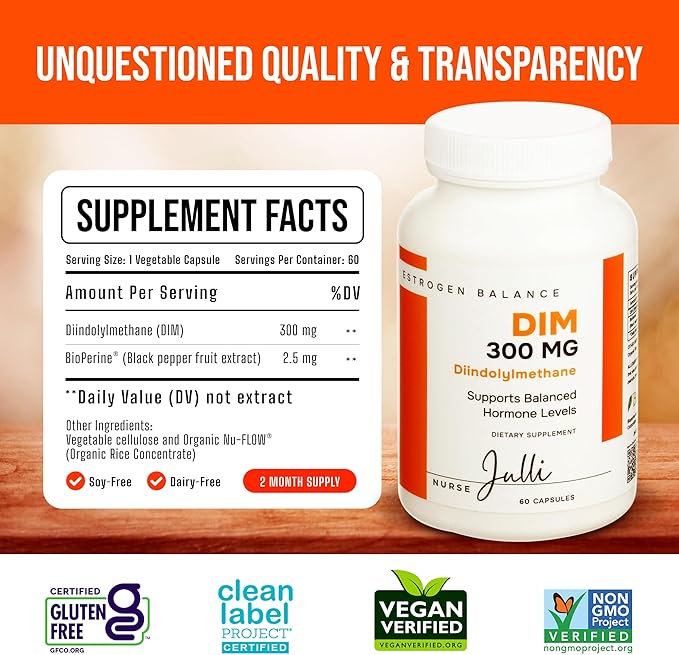 DIM Estrogen Supplement for Women - Hormone Balance & Harmony Support for Menopause, PCOS & Hormonal Acne with Antioxidant Properties - 300 Mg, 60 Count (Pack of 1)