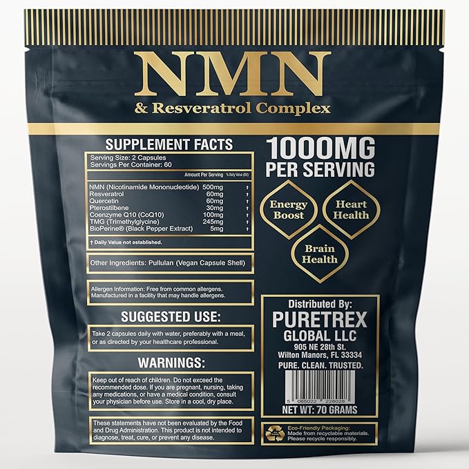 NMN & Resveratrol Complex, 1000mg, 120 Capsules, Dietary Supplement with Pterostilbene, Quercetin, TMG, Coenzyme Q10, BioPerine