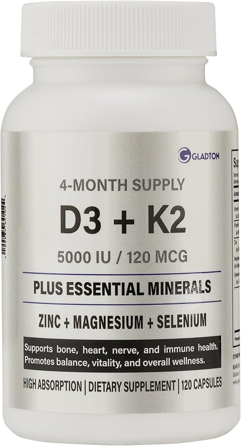 Vitamin D3 + K2 Complex with Zinc, Magnesium & Selenium | Immune, Heart, Bone, Energy & Stress Support | Relaxation & Sleep Aid | 5000 IU D3 + MK-7