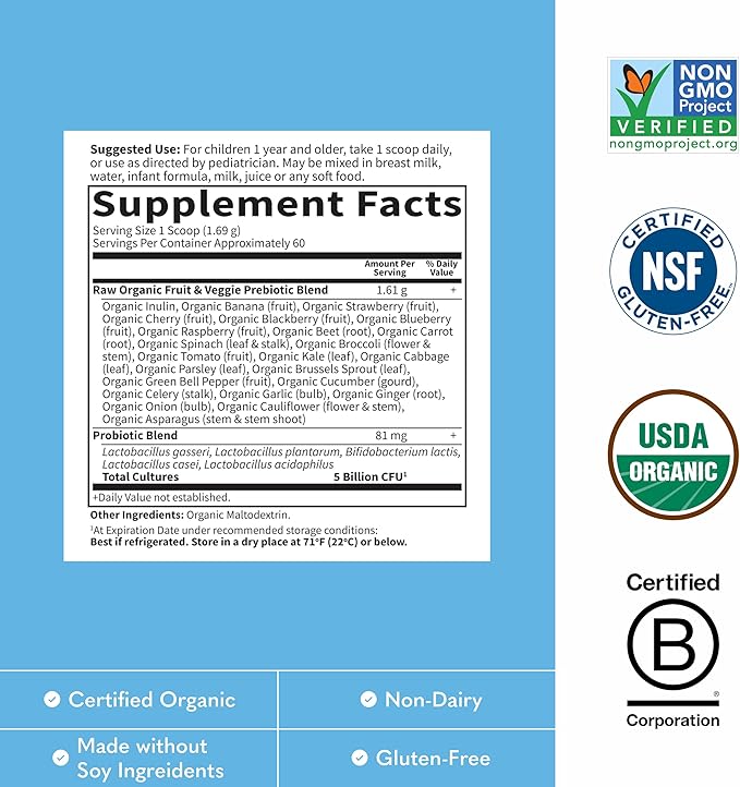 Garden of Life Raw Probiotics Kids - 5 Billion CFU - Whole Food Probiotic for Gut Health & Immune Support - for Children Ages 1 Year & Older - 60 Servings