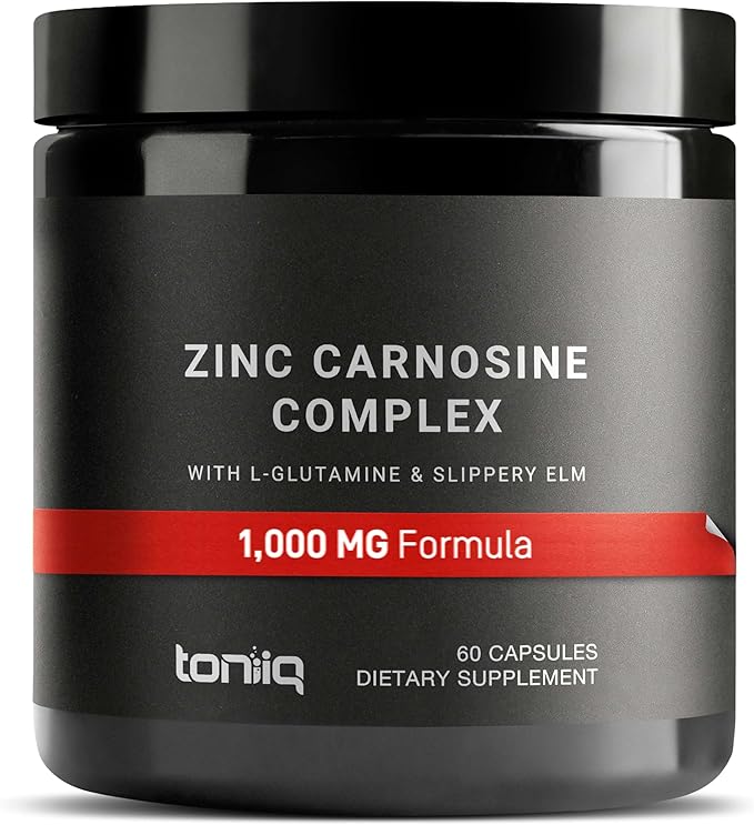 1000 mg Triple Blend Zinc Carnosine Supplement – Ultra High Strength 150 mg Zinc L-Carnosine Complex – with L-Glutamine & Slippery Elm – Third-Party Tested – 60 Capsules