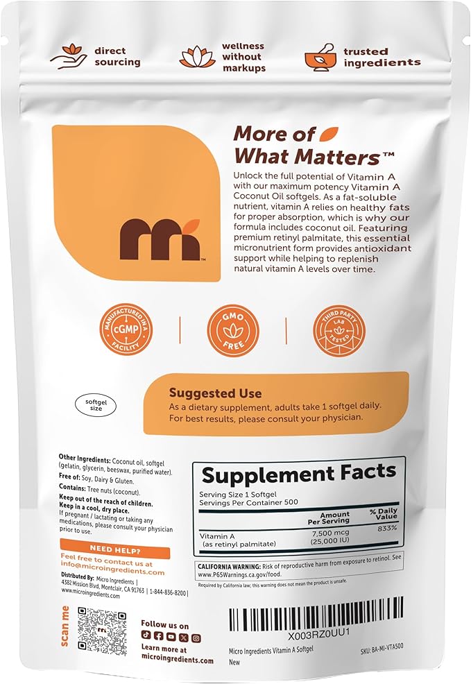 Maximum Strength Vitamin A 25000 IU | 500 Softgels with Coconut Oil for Better Absorption | Essential Vitamins | Non-GMO, Easy to Swallow