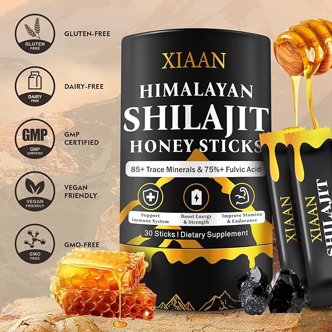 Shilajit Honey Sticks for Men & Women, Pure Himalayan Honey Shilajit with 85+ Trace Minerals, 75%+ Fulvic Acid for Energy Boost, Immune Support 30 Sticks
