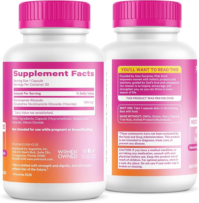 Pink Stork NAD+ Supplement for Women | 500mg Nicotinamide Riboside NR | Clinically-Studied Pure NMN Powder | Brain + Cognitive Support |Energy, Skin Essentials Over 30 | 1 Month Supply