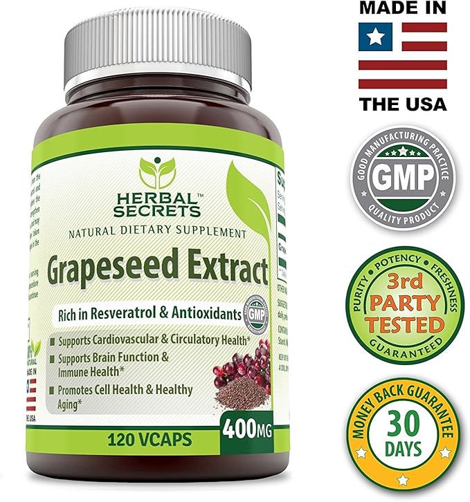 Herbal Secrets Grapeseed Extract 400 mg 120 Veggie Capsules Supplement | Non-GMO | Gluten Free (120 Count | Pack of 2)
