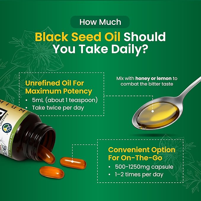 Amazing Herbs Premium Black Seed Oil - Cold Pressed Nigella Sativa Aids in Digestive Health, Immune Support, Brain Function, Joint Mobility, Gluten Free, Non GMO - 16 Fl Oz