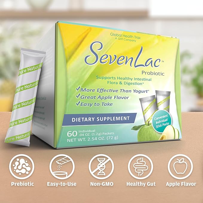 Global Health Trax SevenLac Apple Probiotic Powder Drink Mix, Probiotics for Women, Men, and Kids – Smooth Digestive Support - Relieves Constipation and Gas – 60 Packets, 2.54 Oz, Non-GMO, Gluten-Free