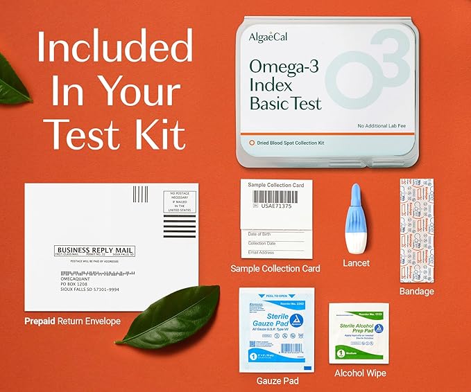 ALGAECAL Omega 3 Finger Test Kit – Easy Home Test Kit with Pre-Paid Return Envelope, Quick & Hassle-Free Certified Lab-Verified Results for Accurate Omega-3 Levels, Made in USA (Pack of 3)