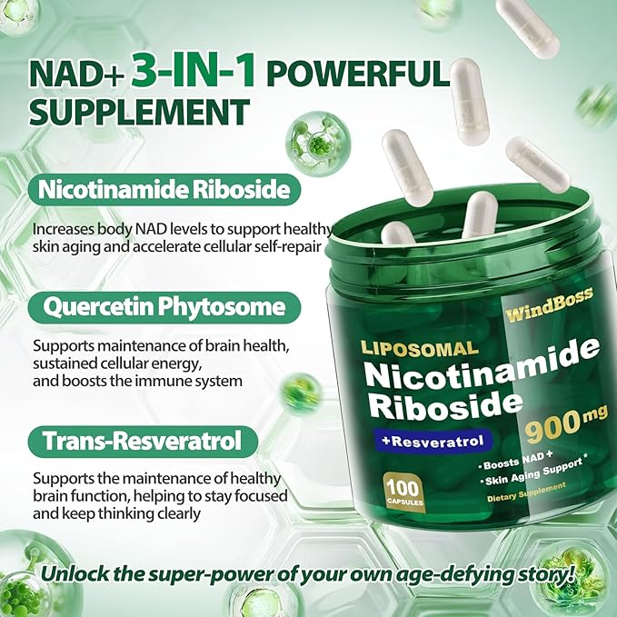 Liposomal NAD+ Supplement with Nicotinamide Riboside & Resveratrol, NAD Booster for Cellular Energy, Anti-Aging & Metabolism – NMN Alternative, NAD Supplement for Men & Women – 2pcs