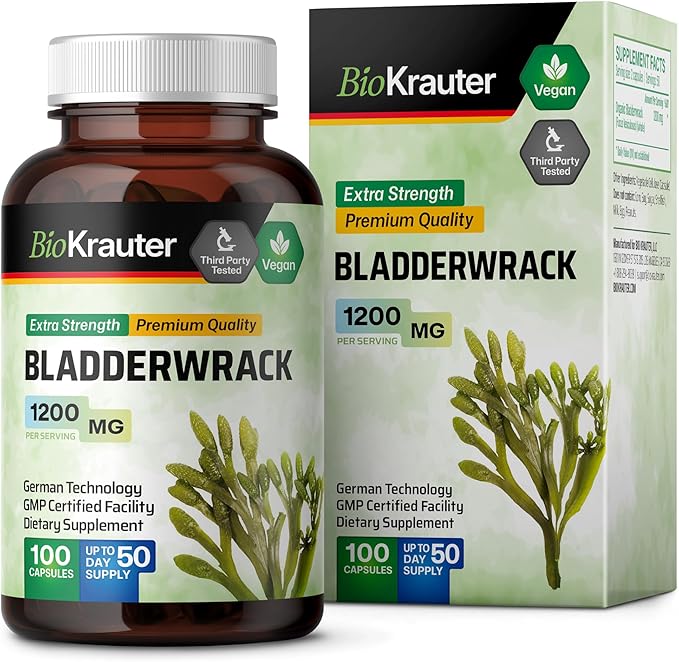 BIO KRAUTER® Bladderwrack for Thyroid Support - Vegan Iodine Supplement 1200 mg per Serving - Bladderwrack 100 Capsules, 50 Days of Supply, Non-GMO - Natural Seaweed Supplement
