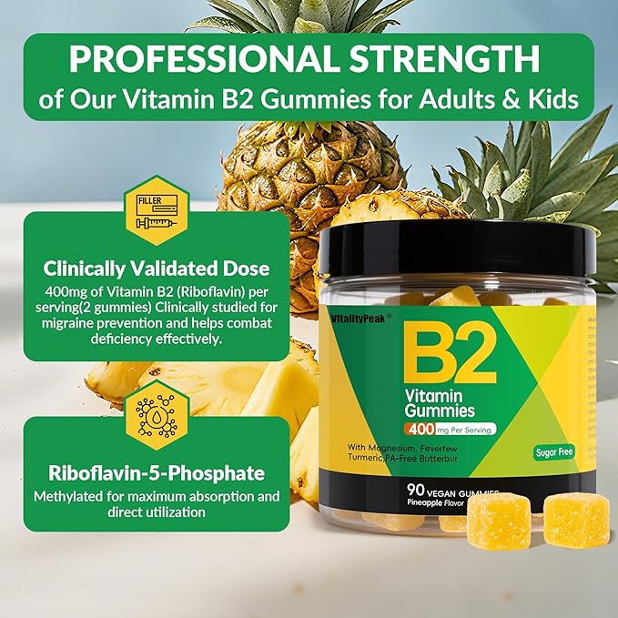 Riboflavin Vitamin B2 Gummies 400mg for Adults & Kids | Migraine Supplement with Magnesium, Turmeric, Cayenne Pepper, Butterbur for Energy & Nervous Support | Vegan, Sugar Free, 90 Count