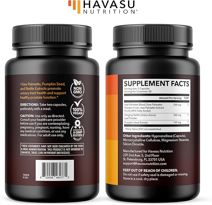 Saw Palmetto Supplement with Stinging Nettle and Pumpkin Seed Extract - Advanced 3X Formula - DHT Blocker Urinary Health and Prostate Support for Mens Health - Vegan, Non-GMO Capsules - 2 Month Supply
