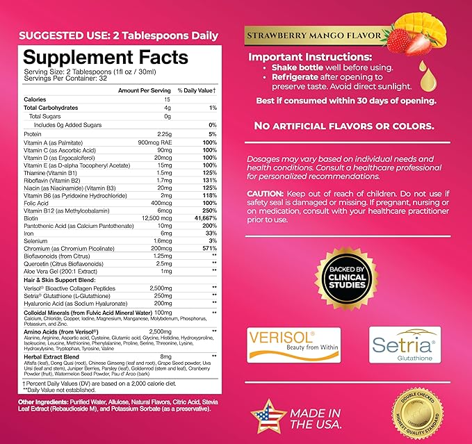 Tropical Oasis Women's Liquid Multivitamin + Hair Growth | Clinically Tested for Thicker Hair, Wrinkles, Brighter Skin, Strong Nails | 2.5g Verisol Collagen | Biotin 12500mcg | 32 Serv
