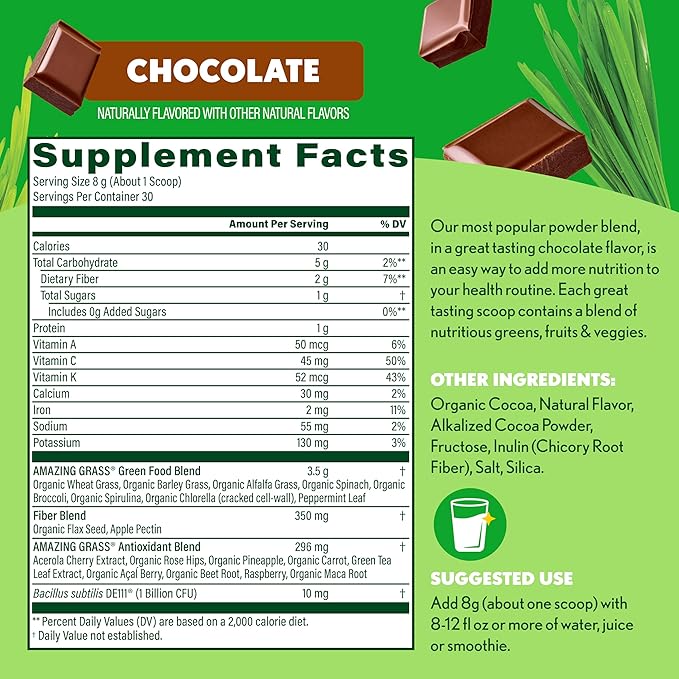 Amazing Grass Greens Superfood Powder: Greens Powder with Digestive Enzymes & Probiotics, Organic Spirulina, Chlorella, and Beet Root Powder, Chocolate, 30 Servings