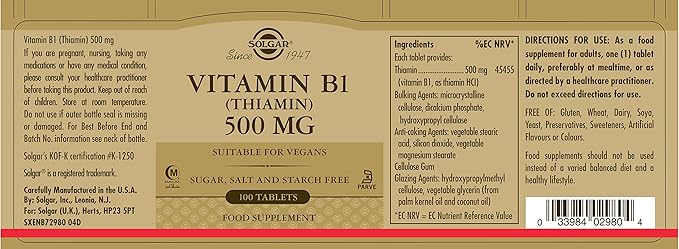 Solgar Vitamin B1 (Thiamin) 500 mg, 100 Tablets - Energy Metabolism, Healthy Nervous System, Overall Well-Being - Super Potency - Non-GMO, Vegan, Gluten Free, Dairy Free - 100 Servings, (Pack of 2)