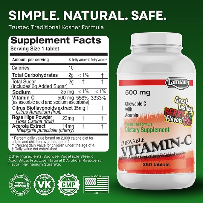 LANDAU 500mg Chewable Vitamin C Candy for Kids & Adults – Easy-to-Take Vitamin C Supplement with Acerola – Kosher & Made in The USA – Great Tasting Berry Flavor, 250 Tablets