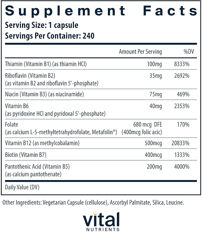 Vital Nutrients Vitamin B-Complex - Vegan High-Potency Methylated B Complex Vitamins - B Vitamins Support Energy Production, Metabolism, and Heart Health* - Gluten, Dairy, Soy Free - 240 Capsules