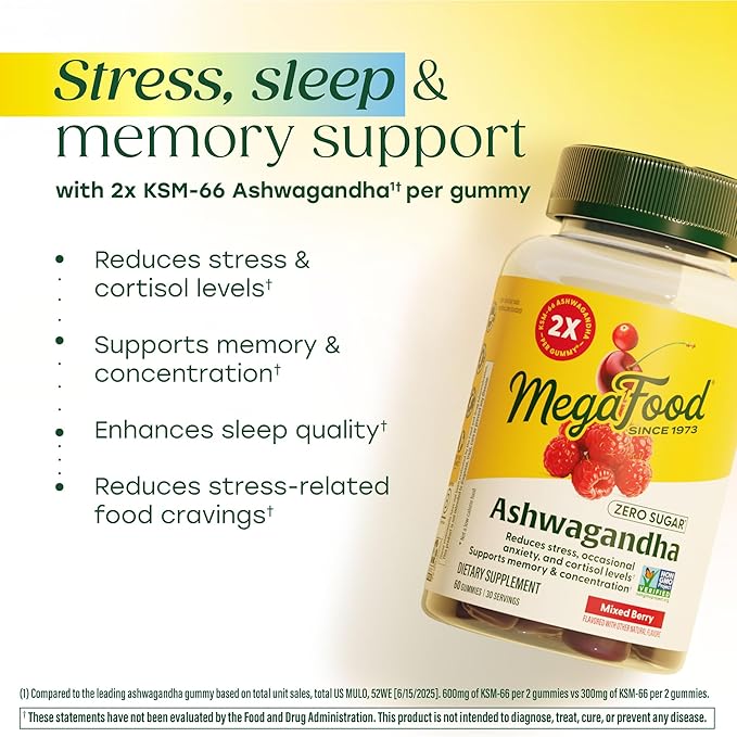 MegaFood Zero Sugar Ashwagandha Gummies - with Clinically Studied Ashwagandha KSM 66 - Cortisol Reducer & Stress Support - Mixed Berry Flavor, No Gelatin, Vegan - 60 Gummy Vitamins, 30 Servings