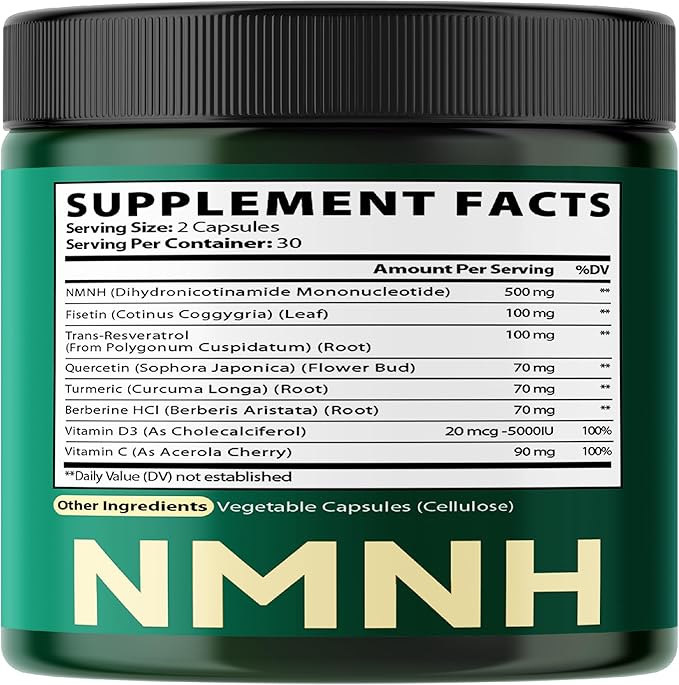 Satoomi 8in1 NMNH - NMN Supplement Alternative - NAD Supplement to Support NAD Levels Added Fisetin, Resveratrol, Quercetin, Turmeric, Berberine, Vitamin D3 & C - 60 Count for 30 Days