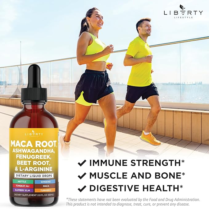 Organic Maca Root Liquid Drops with Ashwagandha, Nettle, Fenugreek, Beet Root and L-Arginine Liquid Multivitamin for Women and Men - 6oz