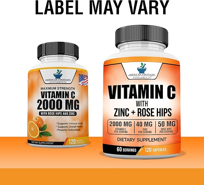 American Standard Supplements Vitamin C 2000mg, Zinc 40mg, and Rose HIPS 50mg Per Serving – Vegan, Gluten Free, Non-GMO (120 Count) (Pack of 2)