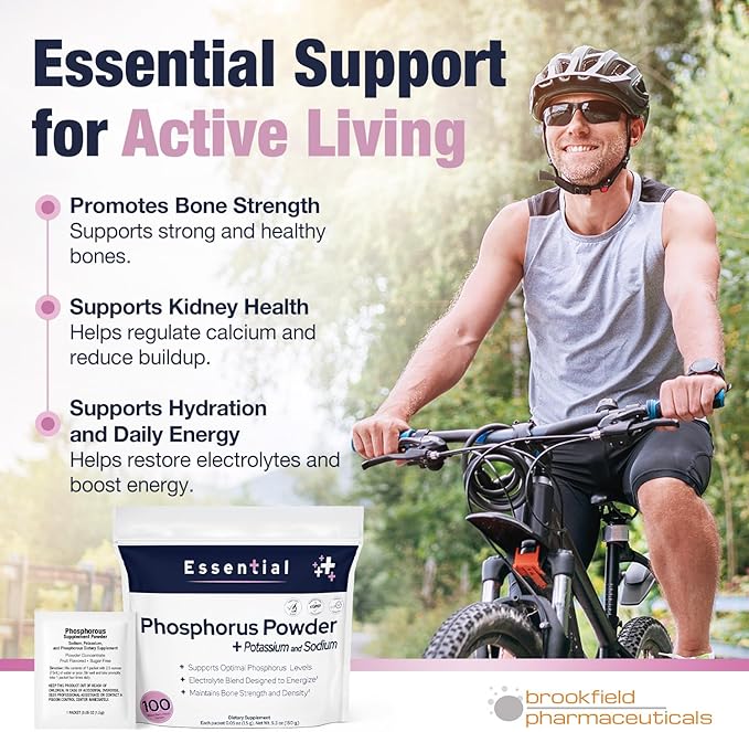 Phosphorus Supplements 100 Packets, Dietary Supplements Powder with Sodium Phosphate and Potassium Phosphate, Fruit Flavored Phosphorous Supplement Powder for Electrolyte, Bone Health & Kidney Health