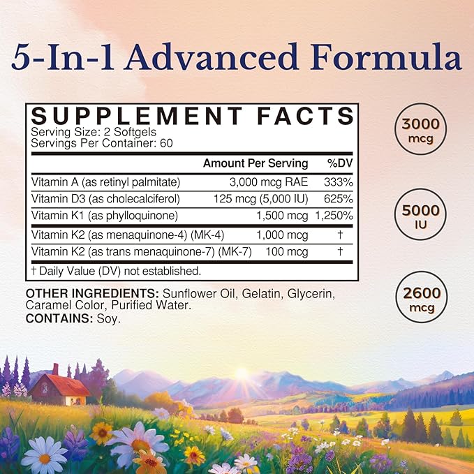 Vitalitown Vitamin ADK, High Potency Essential Vitamins A, D3 5000 IU, K1 & K2 (MK-4 & MK-7), Bone, Heart & Immune Health, Non-GMO, Max Absorption, 120 Softgels