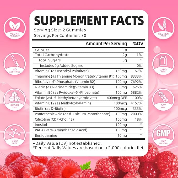 2 Pack Vitamin B Complex Gummies, All B Vitamins + Methyl B12, B1, B2, B3, B5, B6, Biotin, Methylfolate, Vitamin C, Choline, Inositol, PABA for Energy & Immune Support, Raspberry, 120 Count