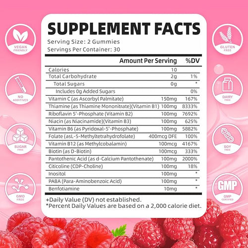 2 Pack Vitamin B Complex Gummies, All B Vitamins + Methyl B12, B1, B2, B3, B5, B6, Biotin, Methylfolate, Vitamin C, Choline, Inositol, PABA for Energy & Immune Support, Raspberry, 120 Count