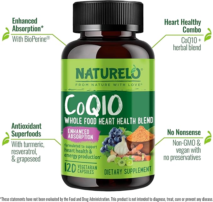 NATURELO Whole Food CoQ10 Supplement, 120 Veg Capsules, Heart Health Blend, Powerful Antioxidant, CoQ10 100mg Supports Energy Production