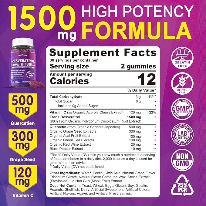 Resveratrol Supplement 1500mg - Resveratrol Gummies Supports NAD⁺, NMN & NMNH Synergy, with Quercetin, Grape Seed, Acai Berries Extracts for Antioxidant, Healthy Aging & longevity, Skin, Brain - 2Pcs