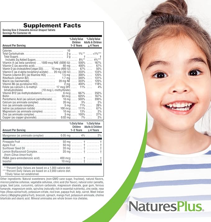 NaturesPlus Animal Parade Children's Chewable Multivitamin - 90 Animal-Shaped Tablets - Natural Assorted Flavors - Vegetarian, Gluten Free - 45 Servings