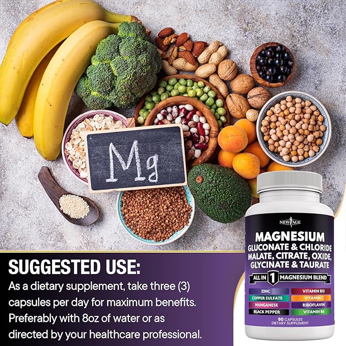 NEW AGE Magnesium Supplement -Powerful Glycinate Citrate Malate Oxide Taurate Aspartate Gluconate Orotate & Mag Chloride Manganese Bone Health and Bone Strength, Joint Support- 270 Count