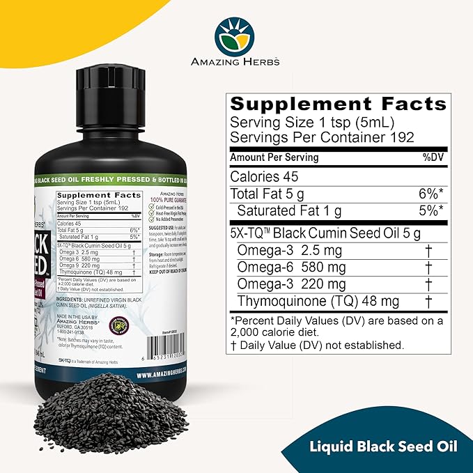 Amazing Herbs Premium Black Seed Oil - Cold Pressed Nigella Sativa Aids in Digestive Health, Immune Support, Brain Function, Joint Mobility, Gluten Free, Non GMO - 32 Fl Oz (Pack of 2)