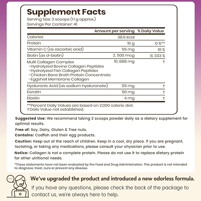 VEV Multi Collagen Peptides Powder, 16 oz (41 Servings) – Type I, II, III, V, X, Hydrolyzed Collagen, Hyaluronic Acid, Biotin, Vitamin C, Supports Skin, Unflavored, Dissolves Easily