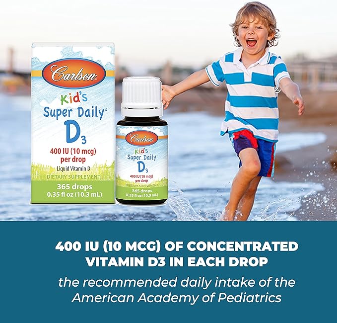Carlson - Kid's Super Daily D3, Vitamin D Drops for Kids, 400 IU per drop, 1-Year Supply, Heart & Immune Health, Vegetarian, Liquid Vitamin D Drops, Unflavored, 365 drops