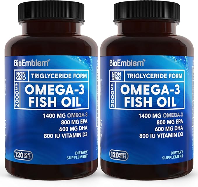 BioEmblem Omega-3 Fish Oil 2000mg - Small Size Softgels, High Absorption Form, Sustainable - 1400mg EPA &DHA Plus Vitamin D3, Non-GMO, Heart, Joint, & Brain Health Fish Oil Supplement, 240 Ct
