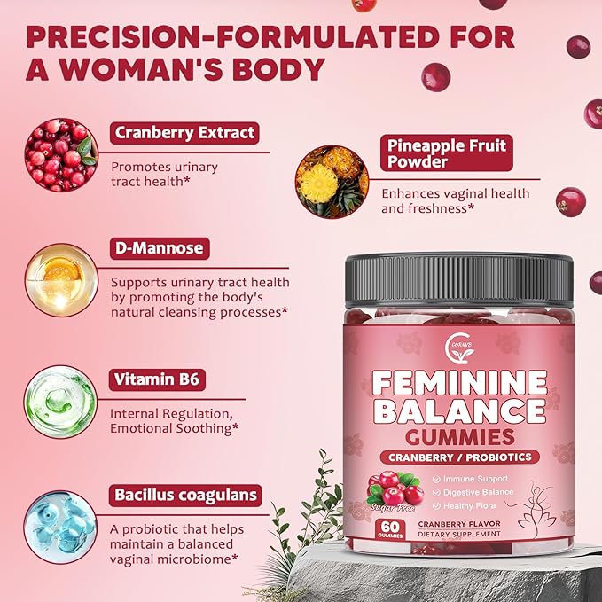 （2 Pack） Premium Feminine Balance Gummies for Women, Support pH Balance & Vaginal Probiotics Health Gummies with Cranberry Pineapple Powder, D-Mannose, Sugar Free, Gluten Free, Vegan