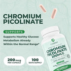 PurePremium Chromium Picolinate 200mcg - High Potency Chromium Supplements - Essential Mineral Health Support for Men/Women - Gluten-Free - 3 Months Supply - 100 Capsules