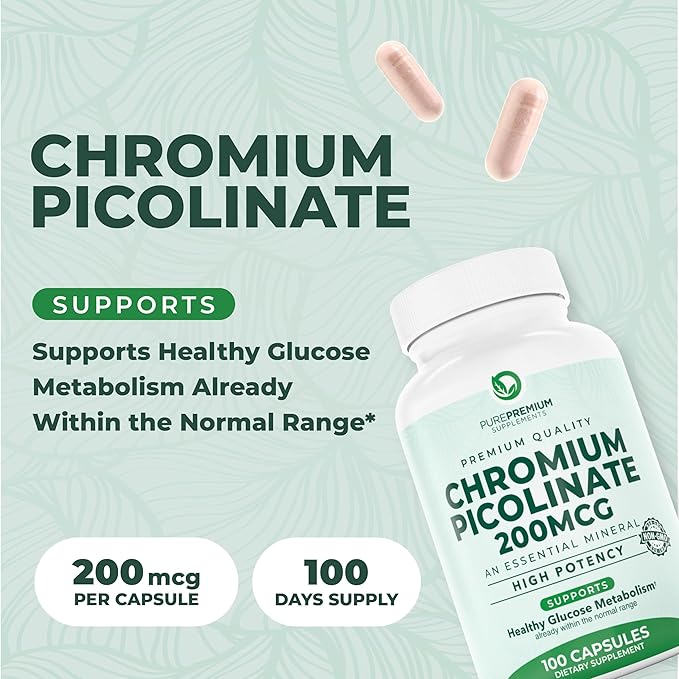 PurePremium Chromium Picolinate 200mcg - High Potency Chromium Supplements - Essential Mineral Health Support for Men/Women - Gluten-Free - 3 Months Supply - 100 Capsules