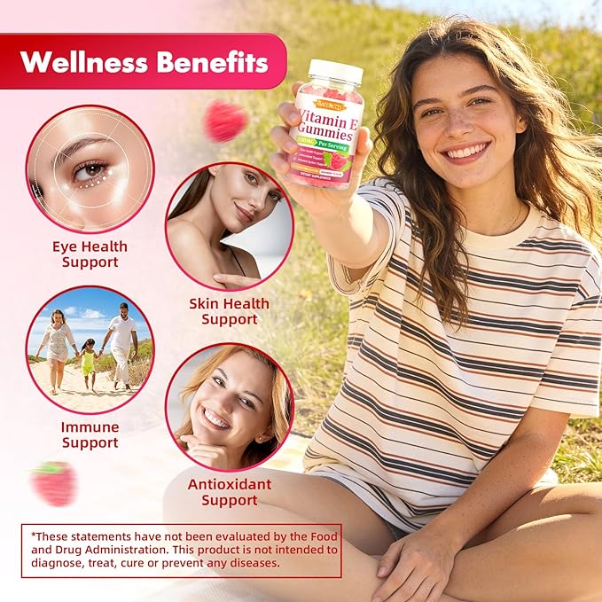 MEENCCD 2 Pack Vitamin E Gummies, 180 mg (400 IU) dl-Alpha, Daily Skin Support, Sugar-Free, Vegan, Non-GMO, Raspberry Flavor, 120 Count